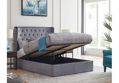 5ft King Size Grey fabric winged back ottoman bed frame 1